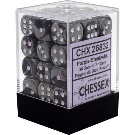 Chessex : 12mm D6 Set Purple-Steel/White 3 Chessex : 12mm D6 Set Purple-Steel/White